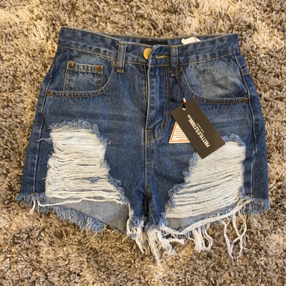PrettyLittleThing PLT Distressed High Rise Denim Jean Shorts Blue US 0 NWT